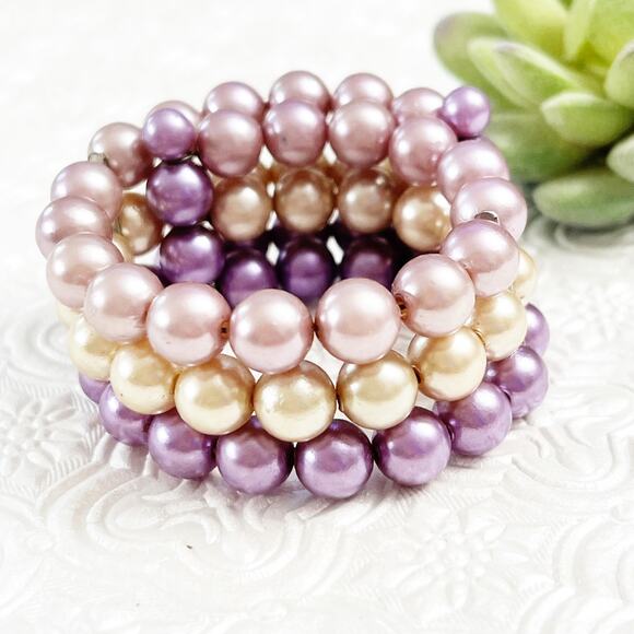 Mid-Century Vintage Purple Ombre 3-Strand Beaded Bracelet - Picture 1 of 6